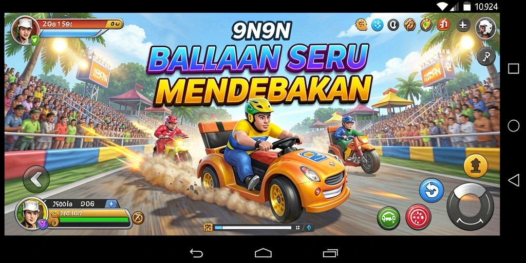 Tangkapan layar utama 9N9N menampilkan aksi balapan di jalur yang mendebarkan.