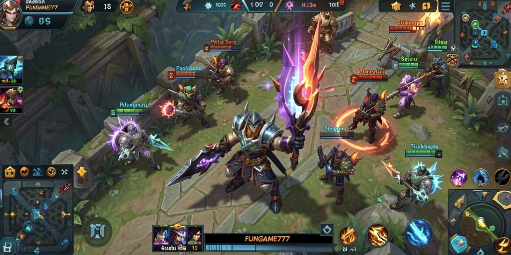 Tangkapan layar gameplay FUNGAME777 menampilkan pertarungan seru antara hero di arena.