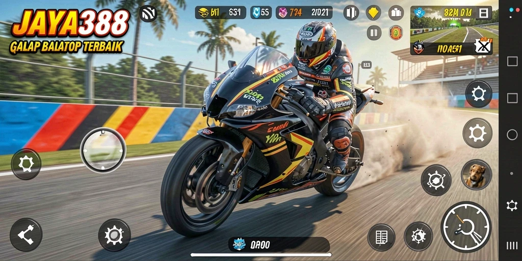Screenshot utama JAYA388 menampilkan balapan motor yang mendebarkan dan road track yang menantang.