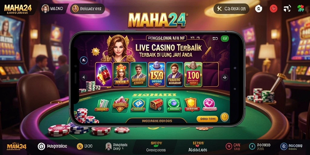 Screenshot gameplay MAHA24 menampilkan dealer profesional dan meja permainan yang menarik.