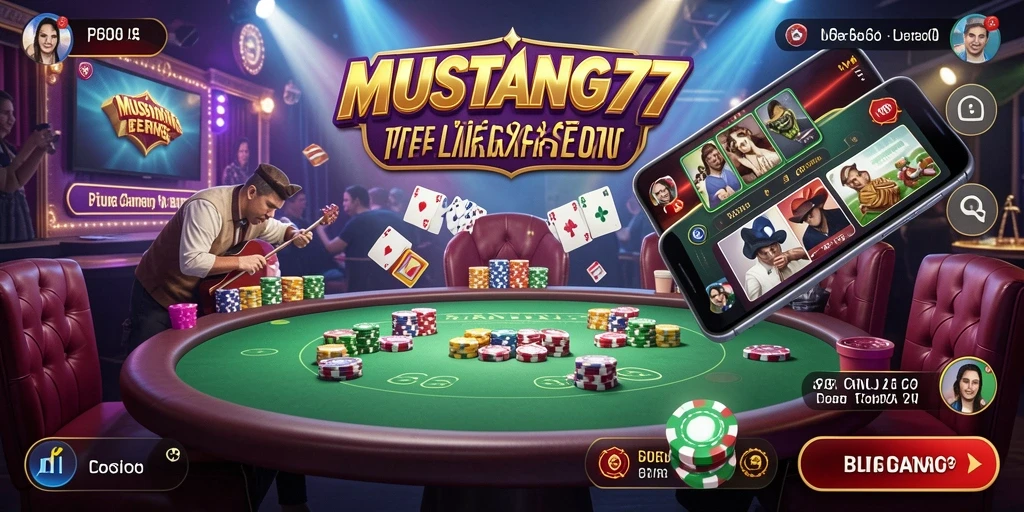 Tangkapan layar gameplay Live Casino MUSTANG77 dengan dealer dan pemain.