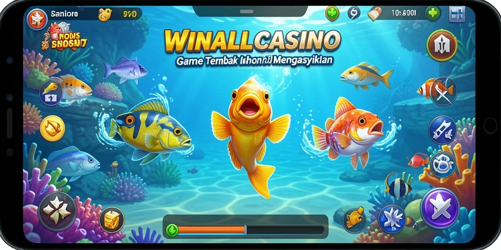 Screenshot gameplay <strong>WINALLCASINO</strong> menampilkan aksi menembak ikan yang mendebarkan.