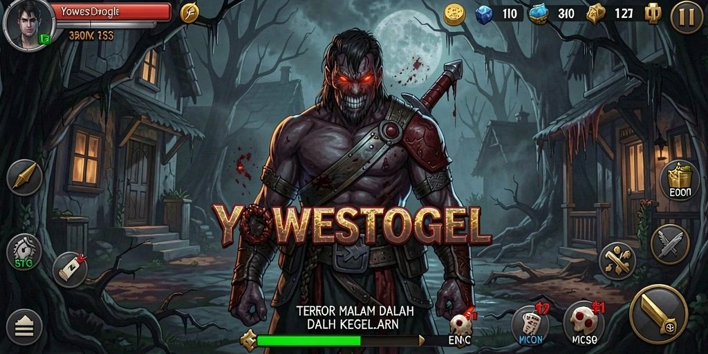 Screenshot gameplay YOWESTOGEL dengan suasana menyeramkan dan grafis yang mendetail.