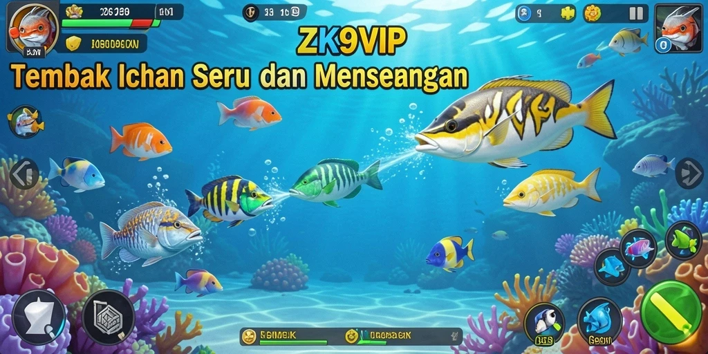 Gameplay seru dalam ZK9VIP saat menembak ikan berwarna-warni.